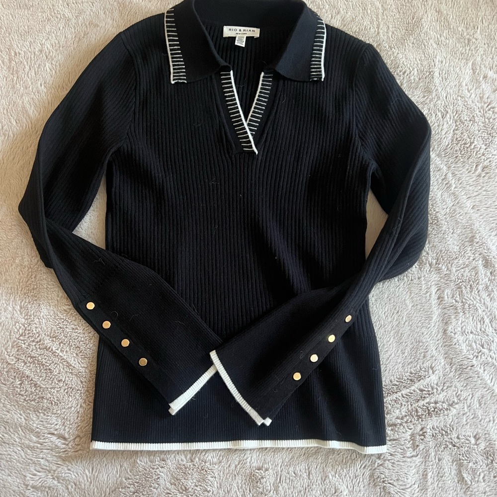 Black Ribbed Sweater with Gold Button Accents